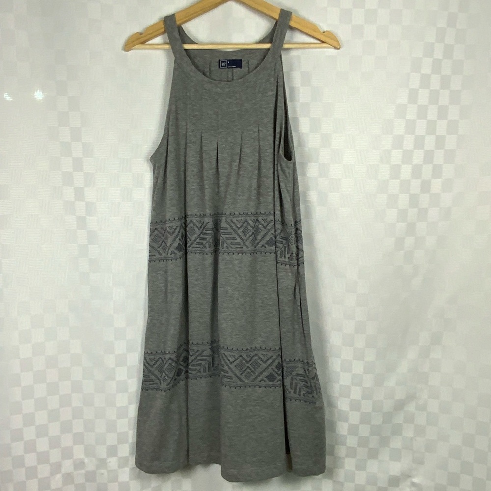 GAP Gray Tank Dress Navy Embroidered Pattern Size Medium Pleated Pockets Drapey